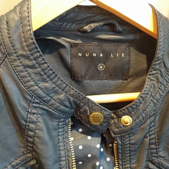 Faux Leather dark Navy Moto Jacket Bought in Italy - Quality! Vegan Gold zip S - Picture 8 of 15